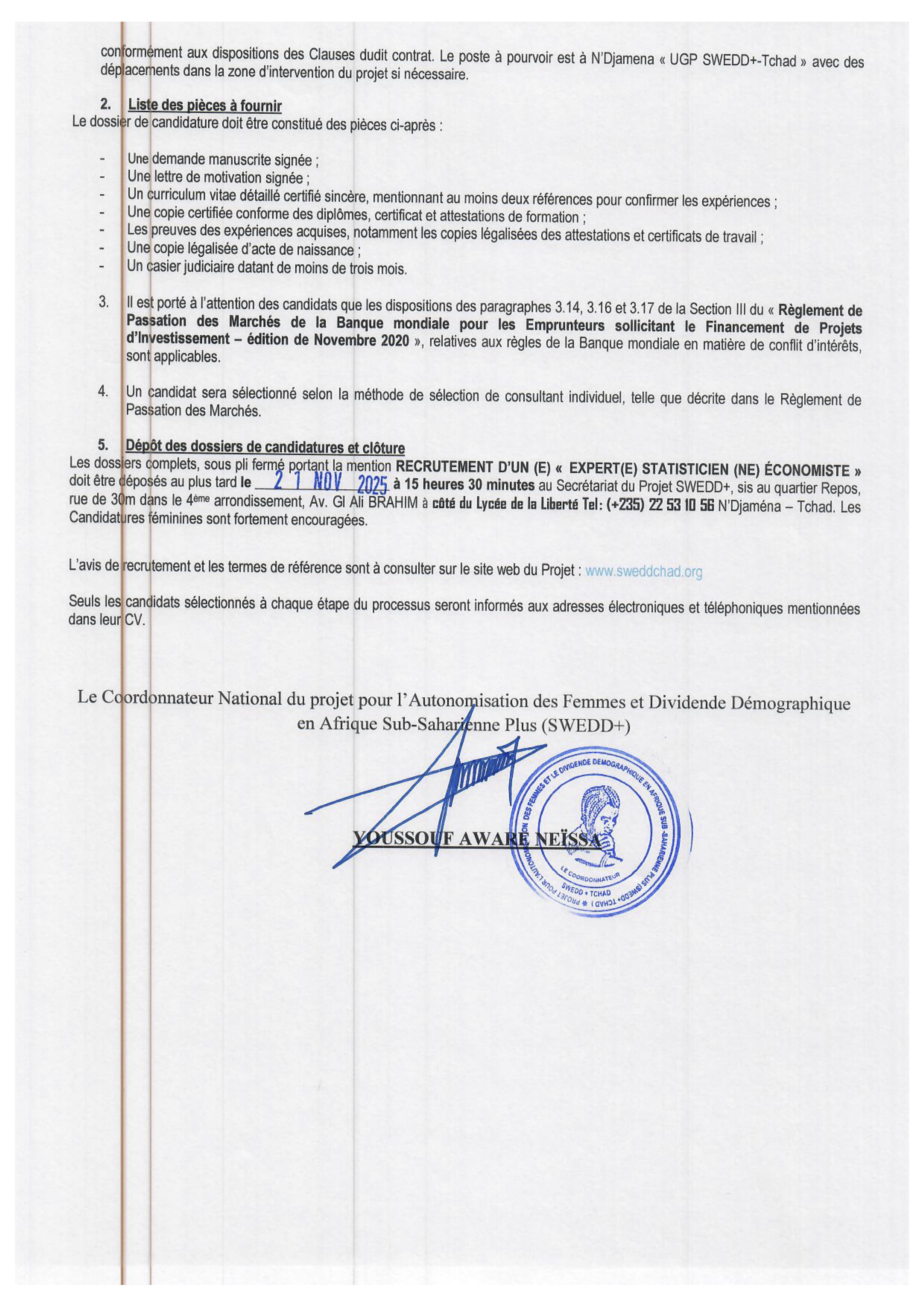 Tchad : Le projet SWEDD+ lance un avis de recrutement d'un(e) Expert(e) Statisticien(ne) Économiste