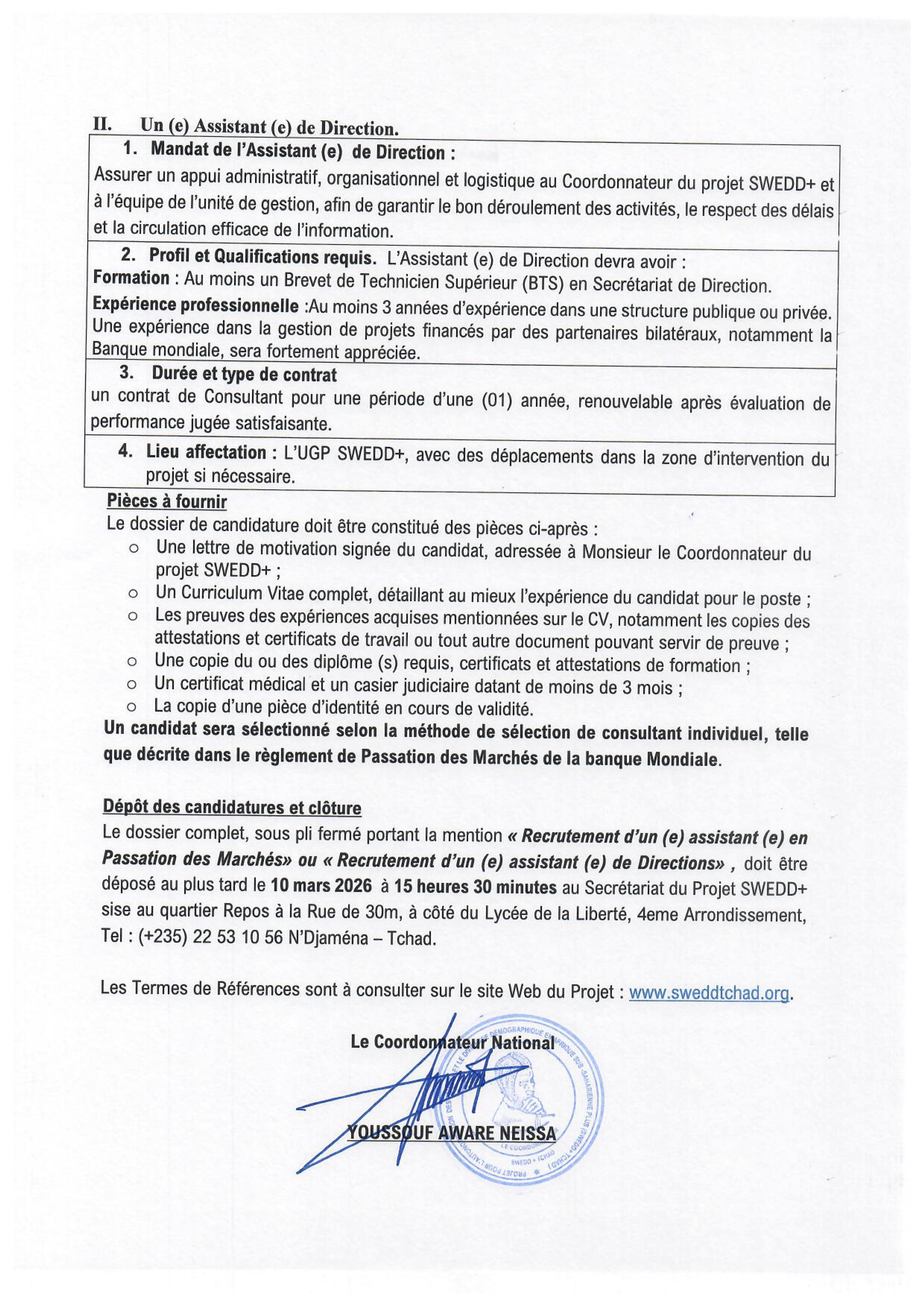 Tchad : le projet SWEDD+ recrute un(e) assistant(e) en marchés publics et un(e) assistant(e) de direction