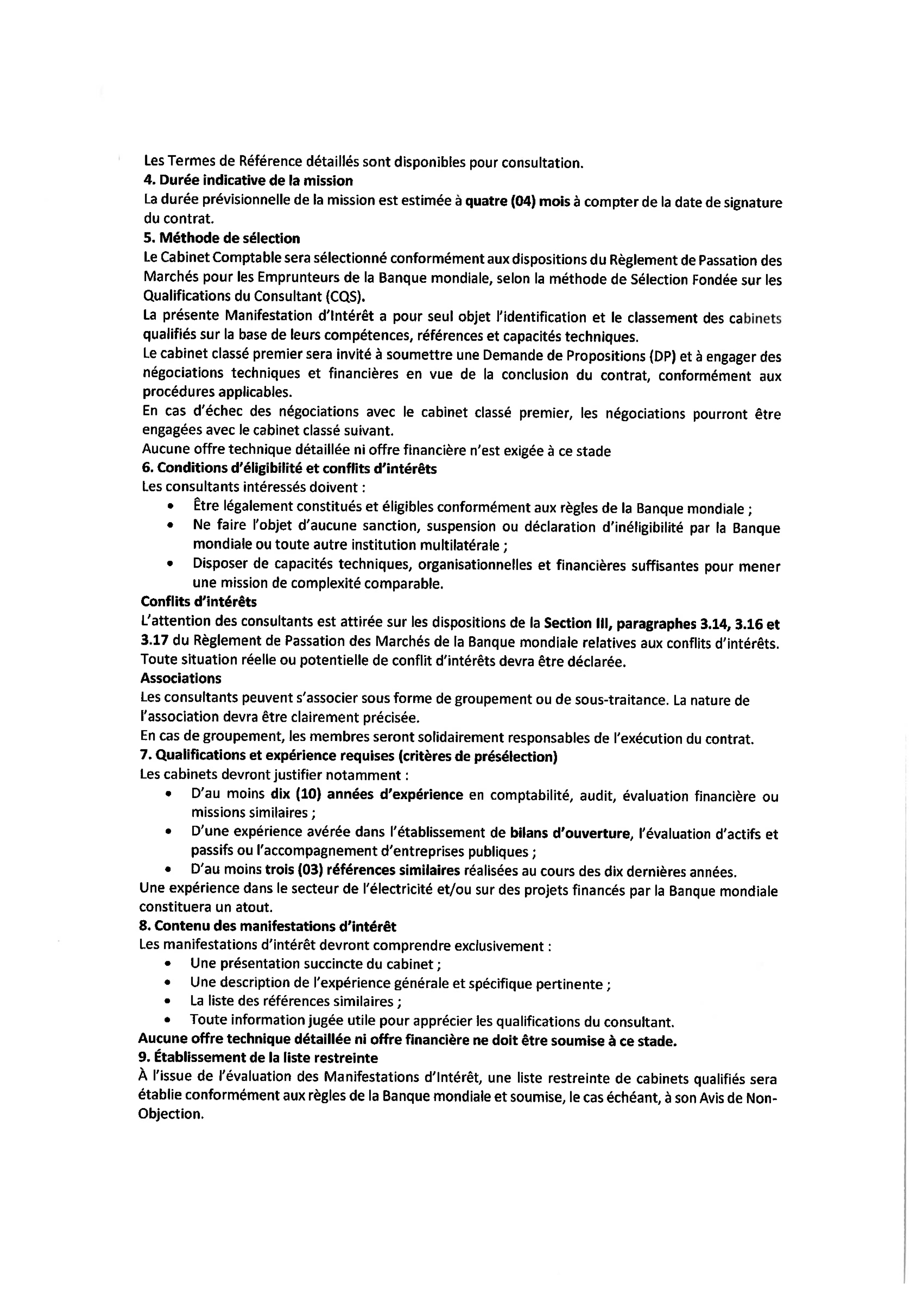 Tchad : Appel à Manifestation d'Intérêt pour le recrutement d'un Cabinet Comptable (Projet PAAET/TchadElec)