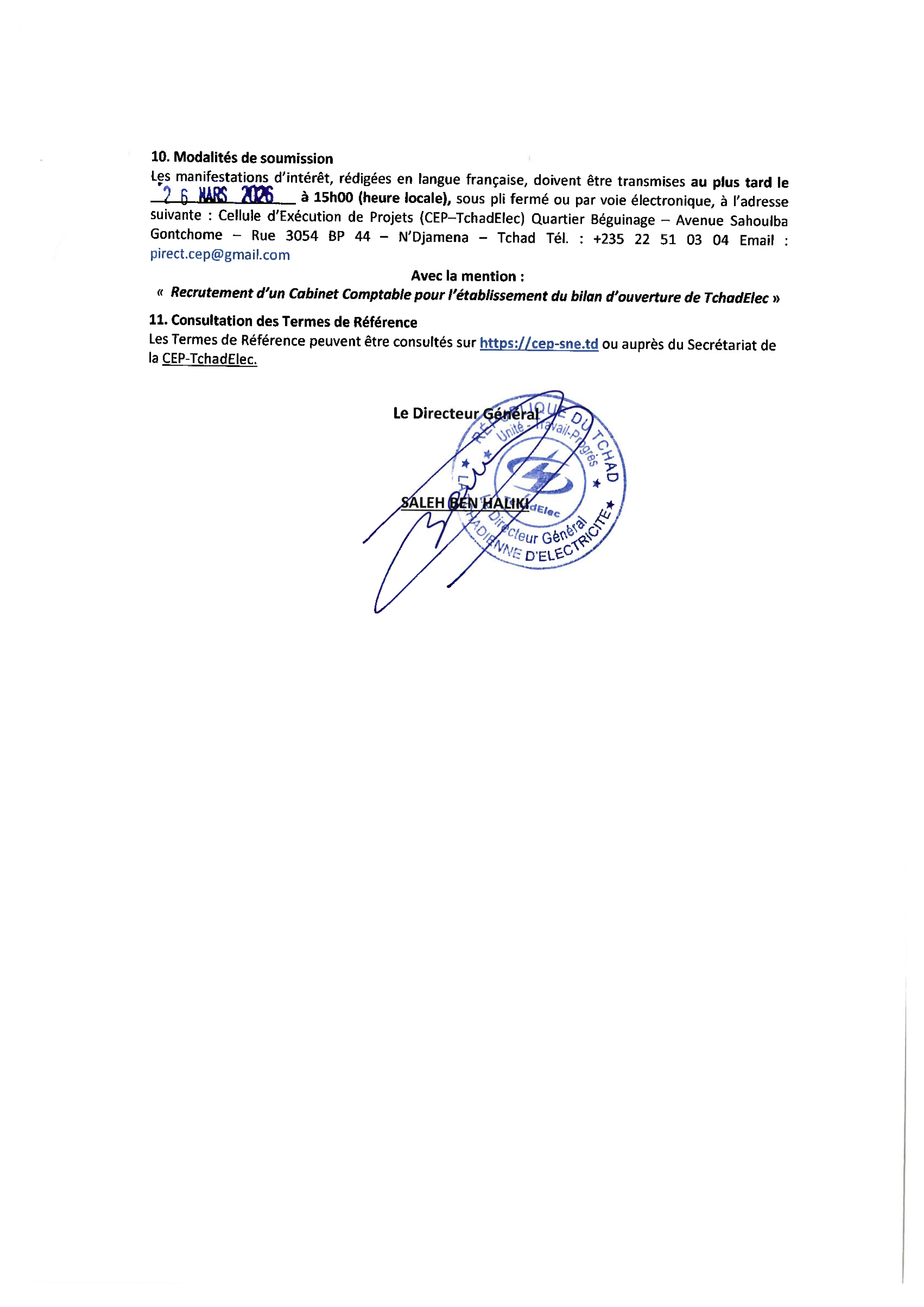 Tchad : Appel à Manifestation d'Intérêt pour le recrutement d'un Cabinet Comptable (Projet PAAET/TchadElec)