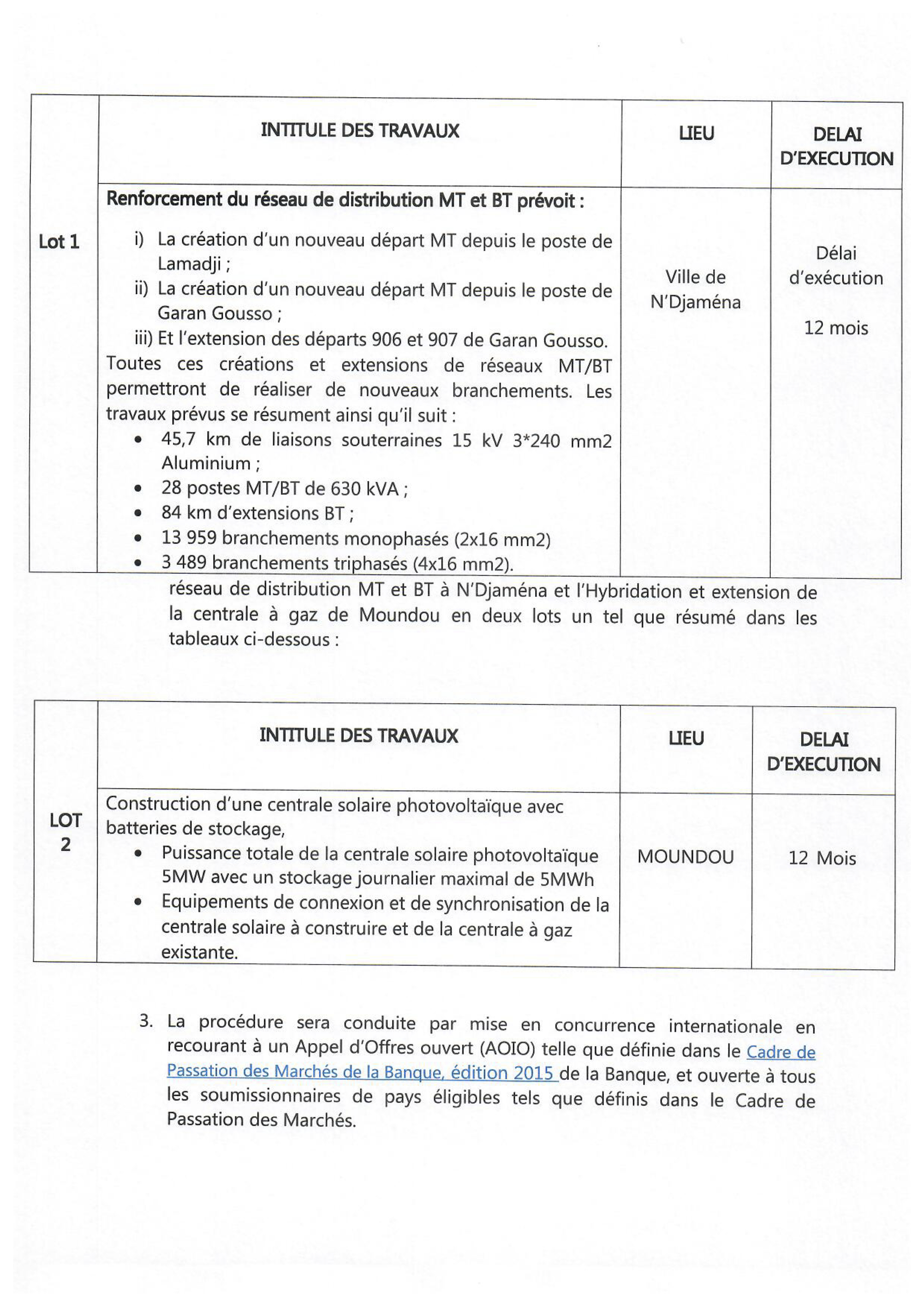 AAO pour le renforcement du réseau de distribution MT et BT à N'Djamena et hybridation et extension de la centrale à gaz à Moundou