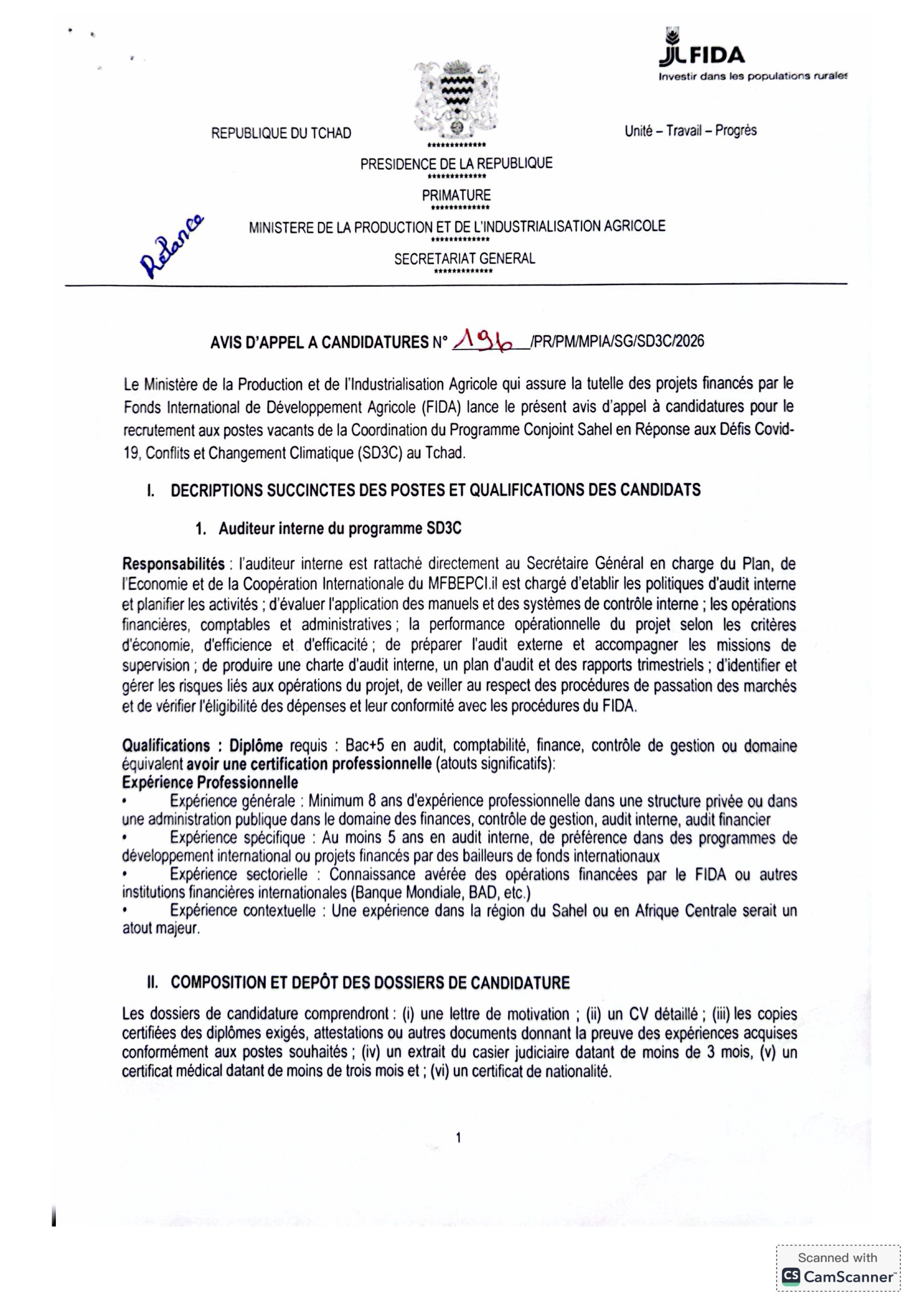 Tchad : Recrutement d'un Auditeur Interne dans le cadre du Programme SD3C