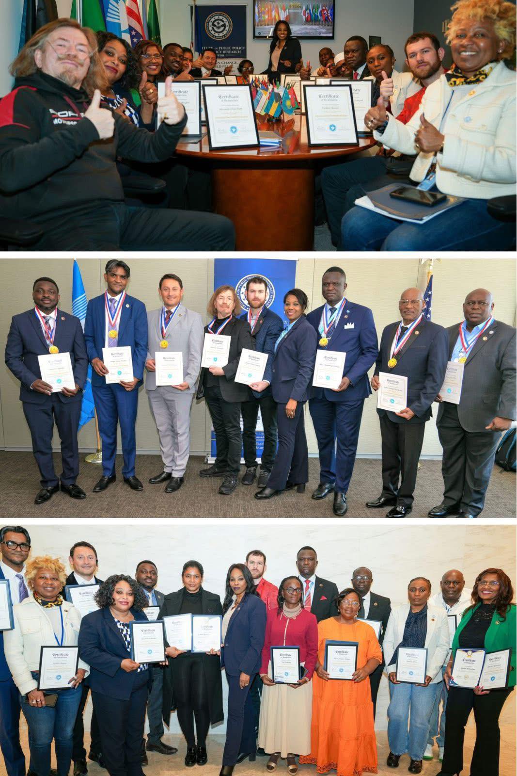 Les 16 participants à la formation en diplomatie, leadership et politique publique, aux côtés de la Directrice exécutive de l’IPPDR, Son Excellence l’Ambassadrice Dr Andrise Bass, lors d’une séance consacrée à la prévention des conflits, à la négociation internationale et à la consolidation de la paix, au siège de l’institut à Manhattan, ainsi qu’à l’occasion de la cérémonie de remise de leurs certificats de fin de formation au siège des Nations Unies à New York.