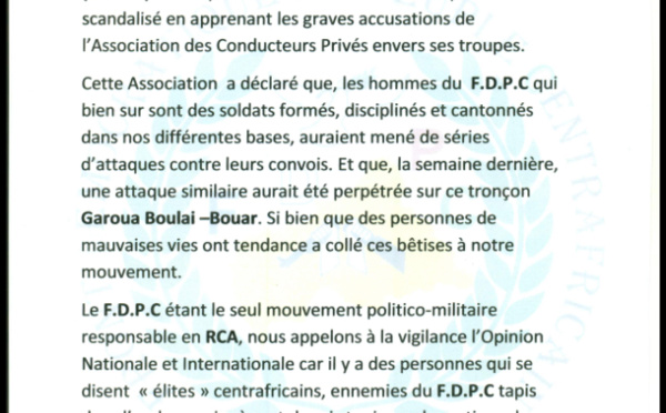 Centrafrique : Le groupe rebelle FDPC dément avoir mené des séries d'attaques