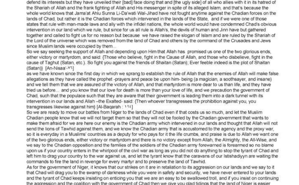 Boko Haram demande au Tchad d'arrêter son intervention militaire et menace de guerre civile