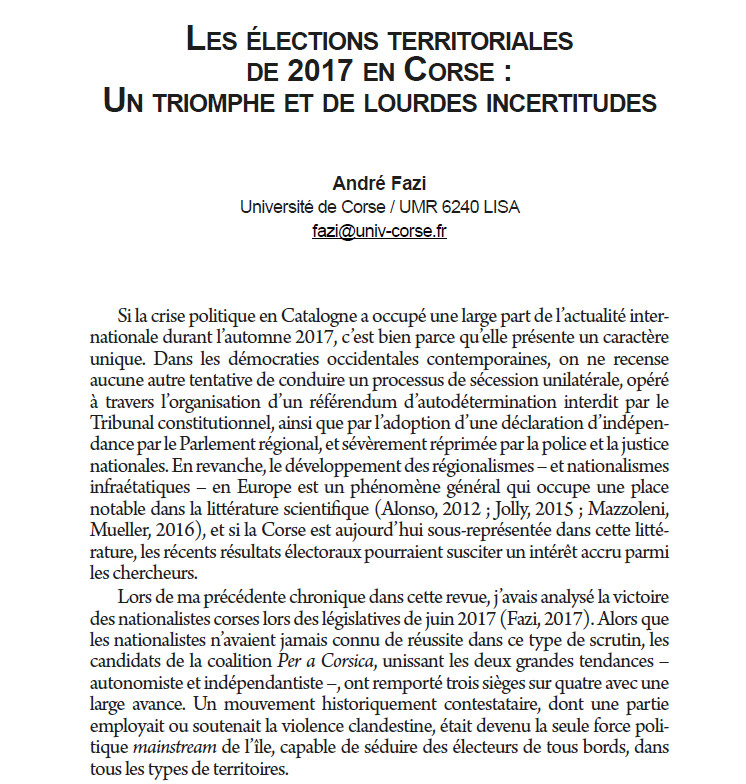 Les élections territoriales de 2017 en Corse un triomphe et de