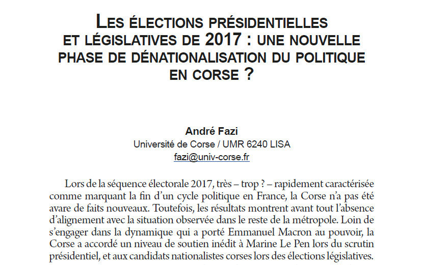 Les élections présidentielles et législatives de 2017 : une nouvelle phase de dénationalisation du politique en Corse?