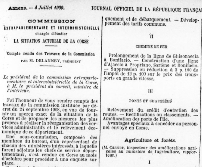 Les rapports de la commission Delanney sur la situation de la Corse - 1909
