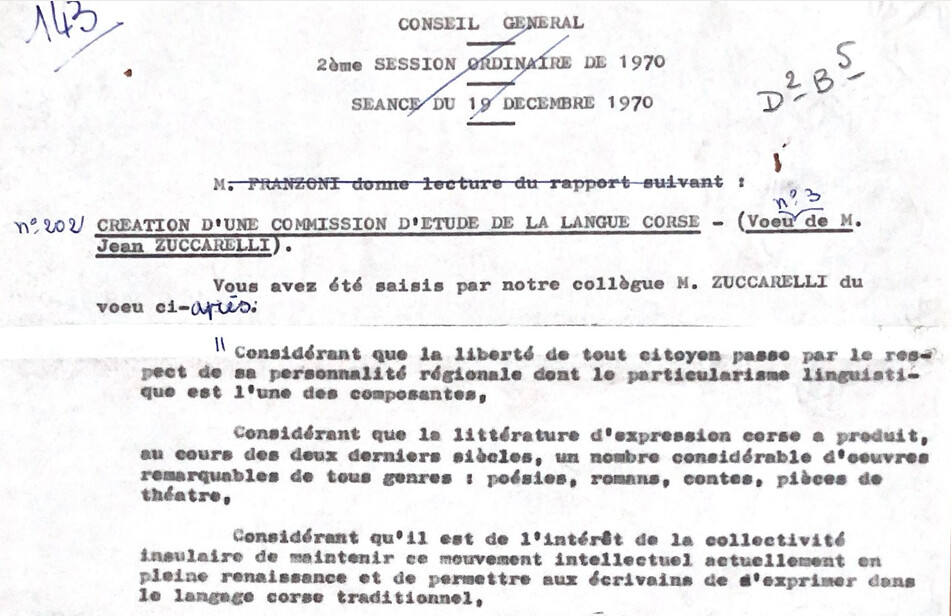 Conseil général de la Corse - débat sur l'orthographe de la langue corse - 1970