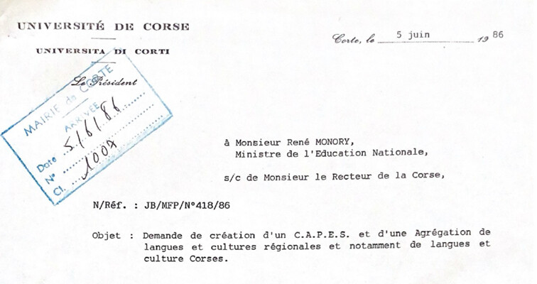 Lettre du président de l'Université de Corse au ministre de l'Éducation nationale au sujet du CAPES et de l'agrégation en langue et culture corses, 1986