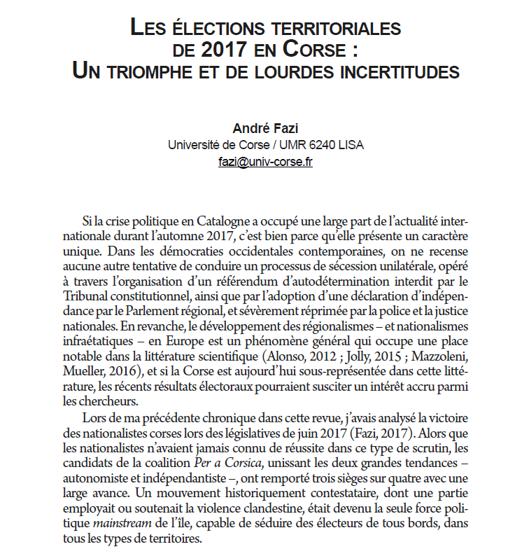 Les élections territoriales de 2017 en Corse : un triomphe et de lourdes incertitudes. 