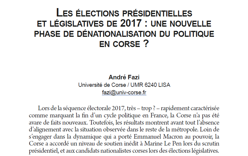 Les élections présidentielles et législatives de 2017 : une nouvelle phase de dénationalisation du politique en Corse?