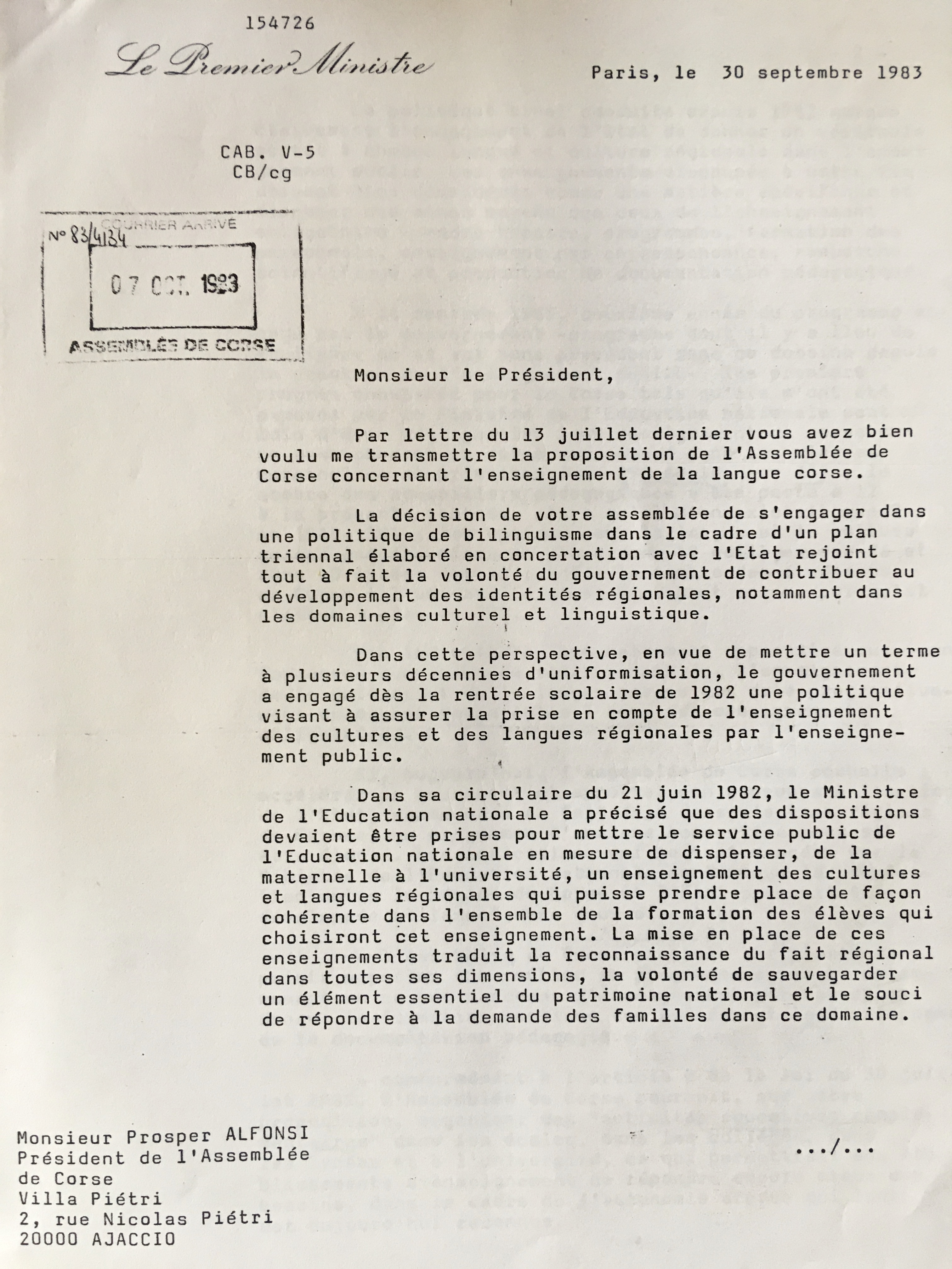 Réponse du gouvernement français aux demandes linguistiques de l'Assemblée de Corse - 1983