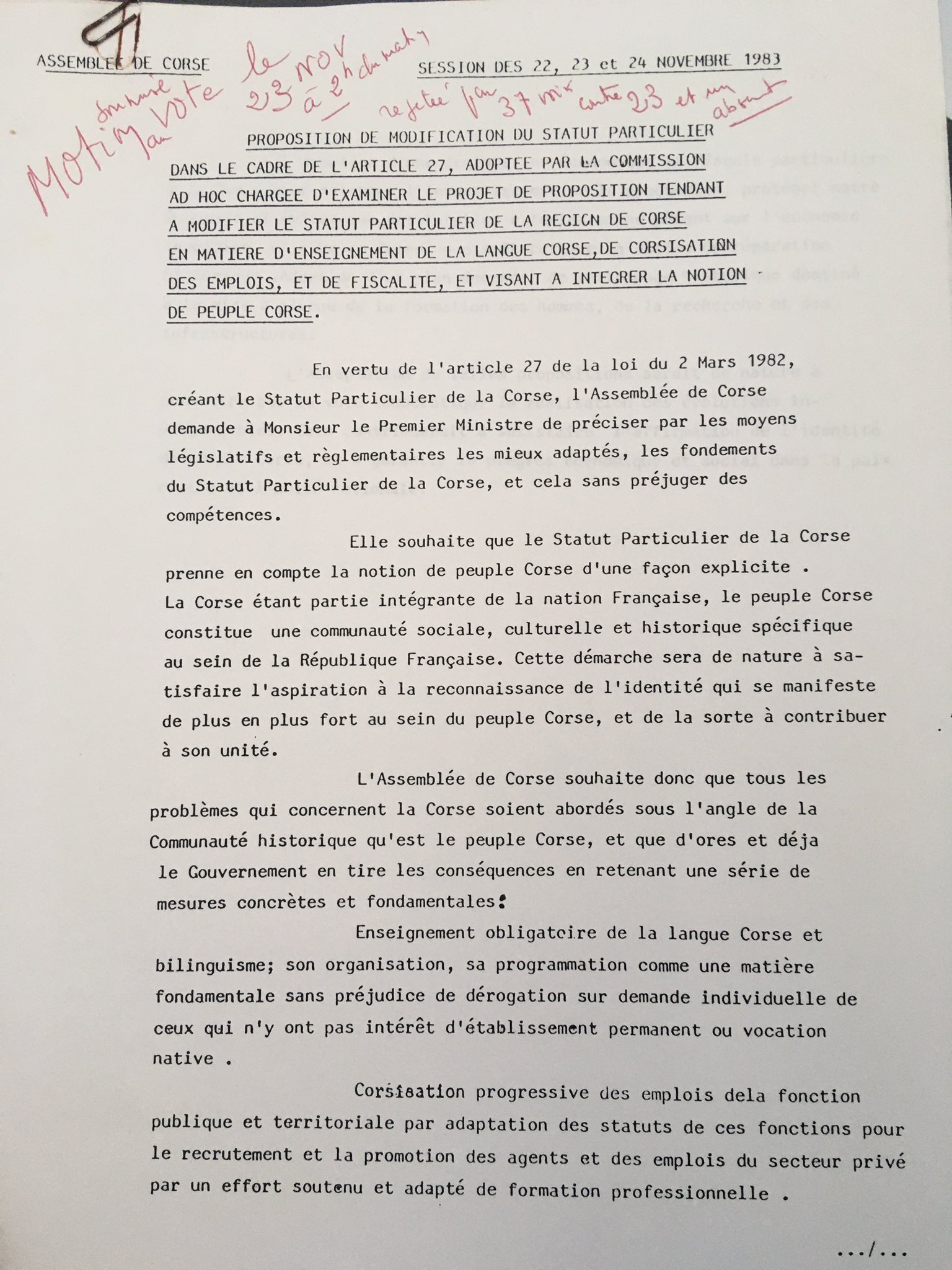Assemblée de Corse - motion sur la reconnaissance du peuple corse - 1983