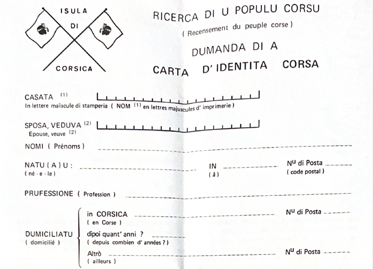 Un formulaire de demande de carte d'identité corse