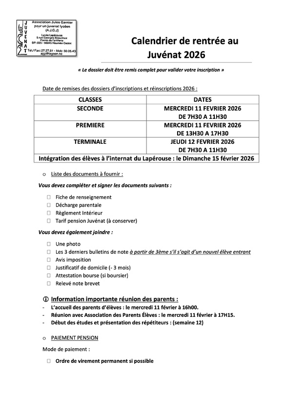 Le dossier d'inscription Juvenat 2026