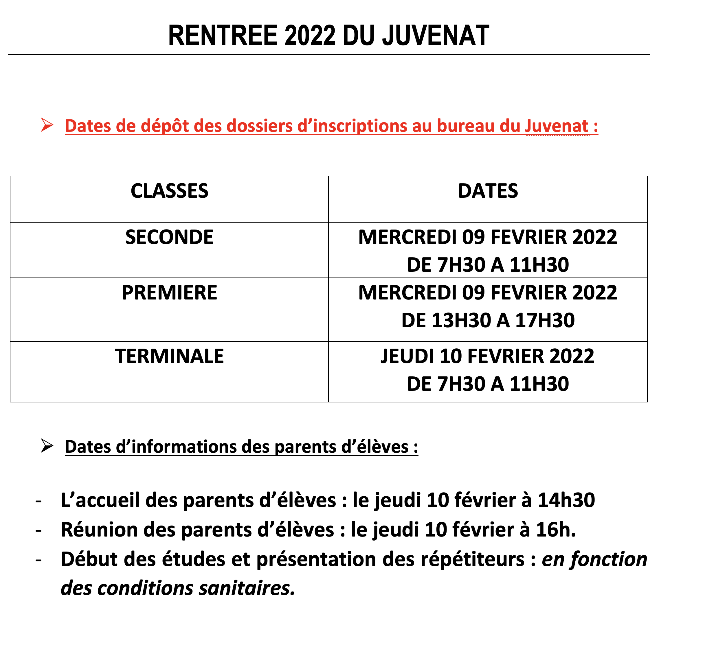 Calendrier de rentrée du Juvenat