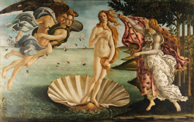 La naissance de Vénus, à gauche Zéphyr, le doux vent du printemps. entouré d'une nuée de roses, tenant Chloris dans ses bras.