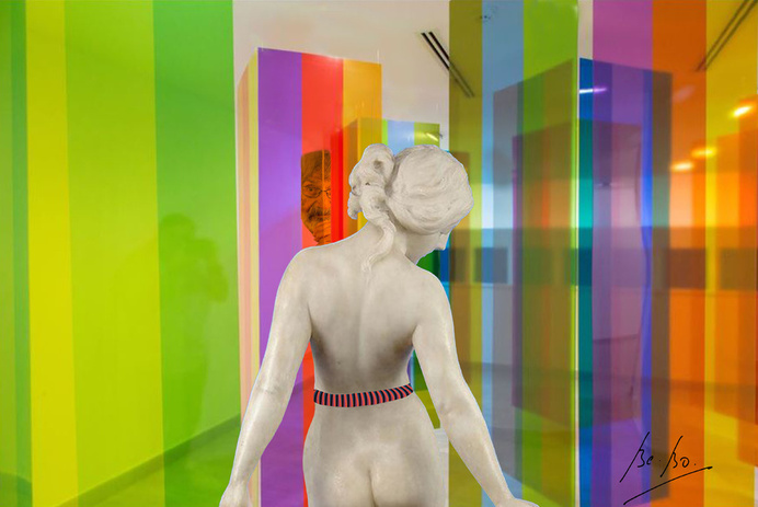 Sous l'oeil malicieux de Carlos Cruz-Diez, la jeune femme sortira-t'elle du labyrinthe ?