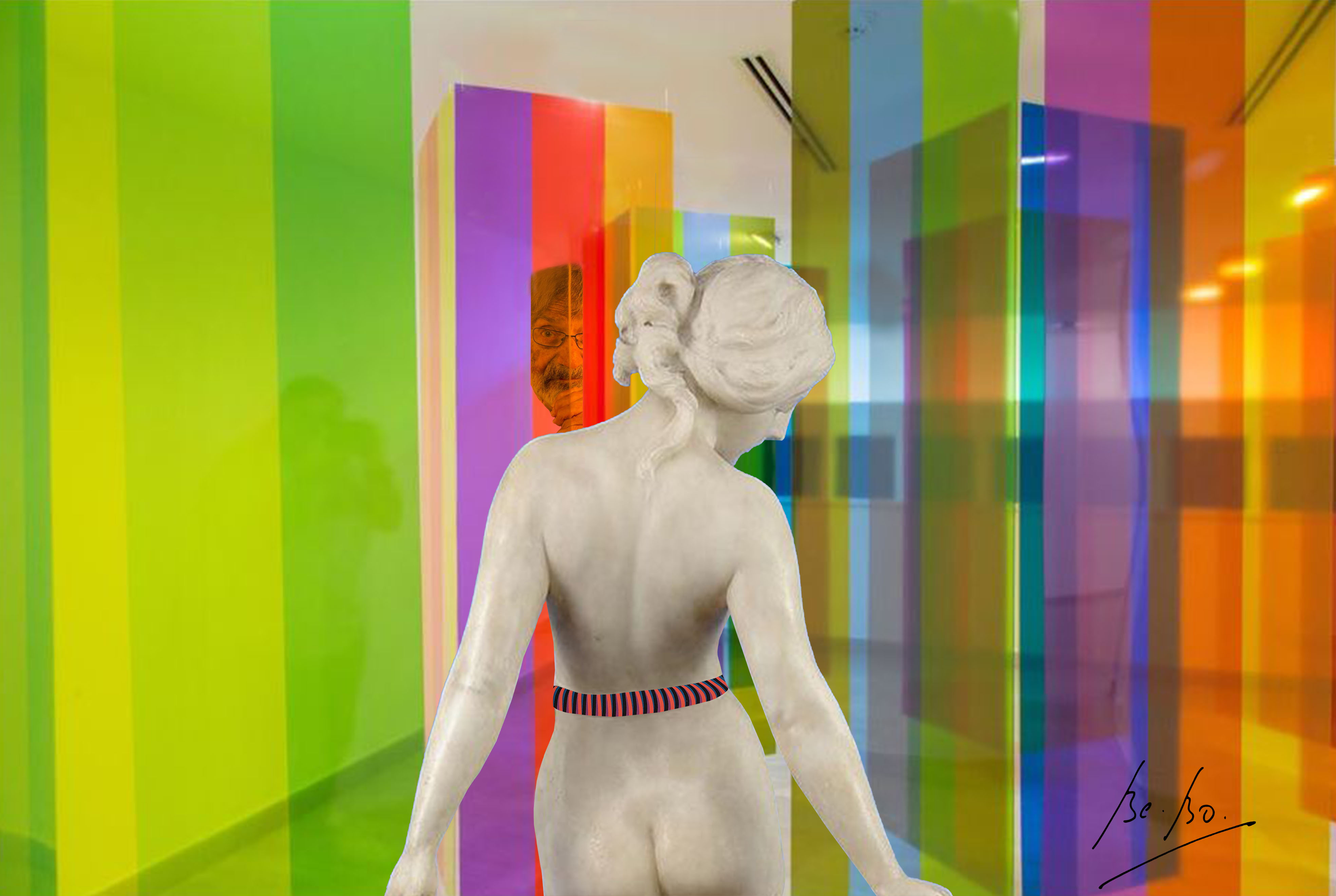 Sous l'oeil malicieux de Carlos Cruz-Diez, la jeune femme sortira-t'elle du labyrinthe ? Sous l'oeil malicieux de Carlos Cruz-Diez, la jeune femme sortira-t'elle du labyrinthe ?