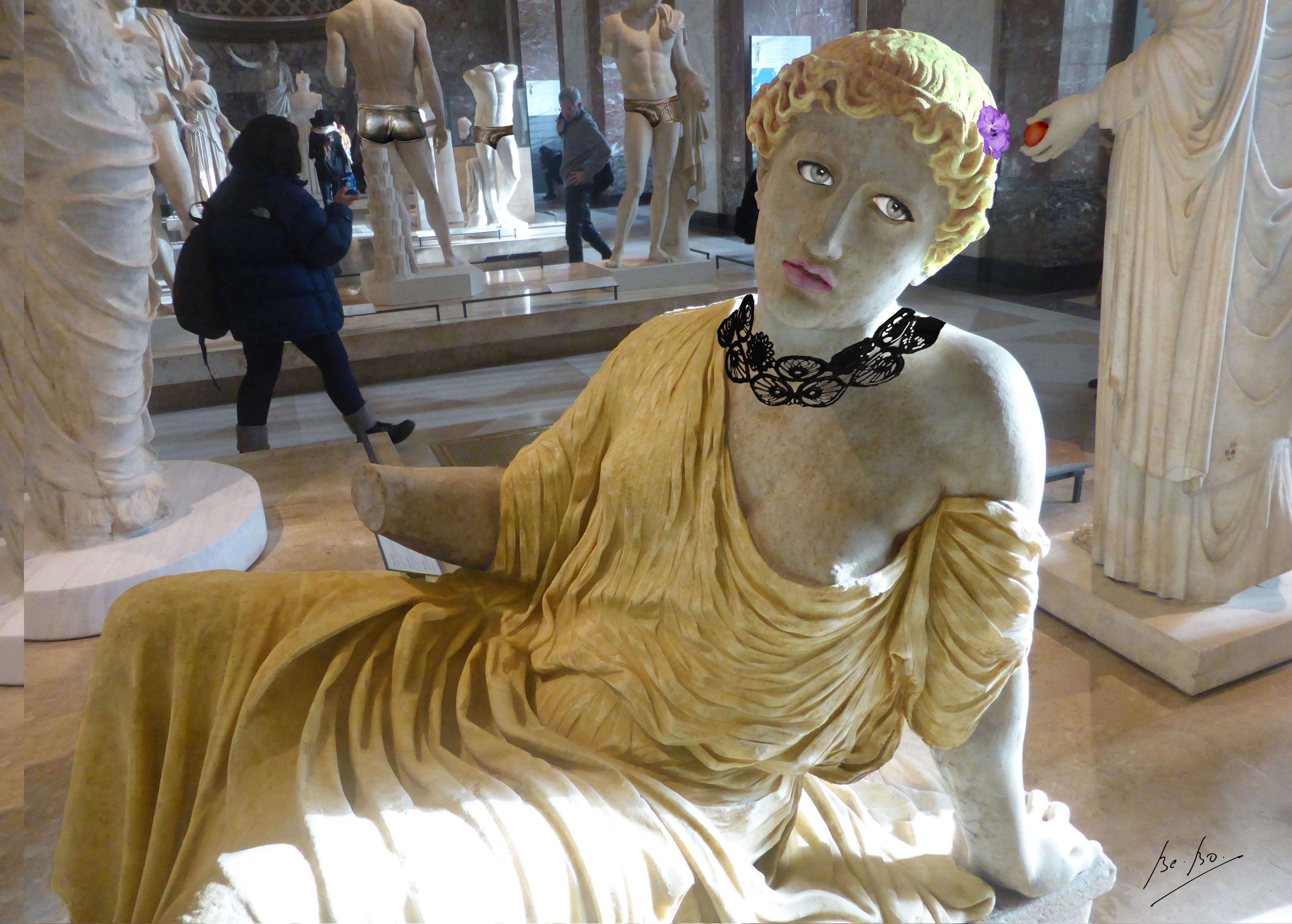 "Ses compagnes découvrent sa honte en découvrant son sein." "Ses compagnes découvrent sa honte en découvrant son sein."