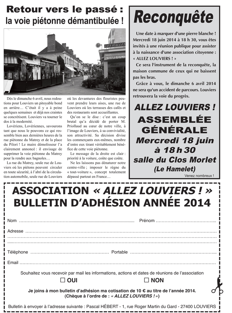 Pour la reconquête de Louviers : venez tous à l'AG d'« Allez Louviers ! »