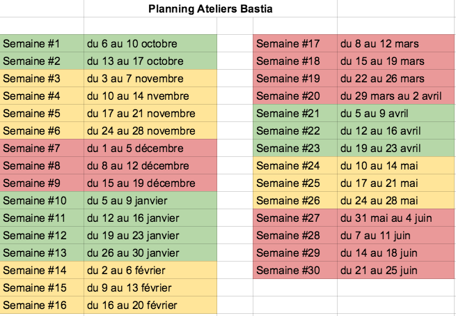 Les horaires et planning 2015-2016