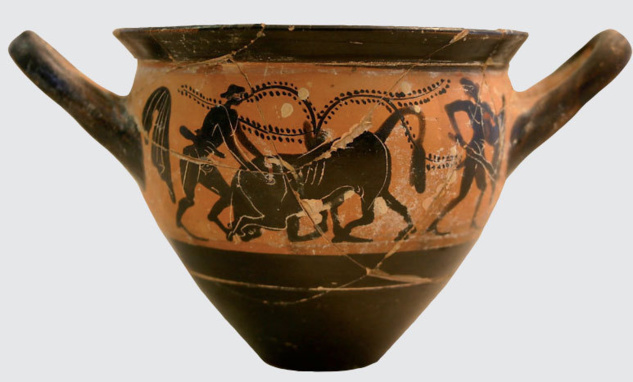 Skyphos à figure nere di u Vu seculu nanz'à Cristu. Héraclès si batte contr'à un toru di l'isula di Creta.