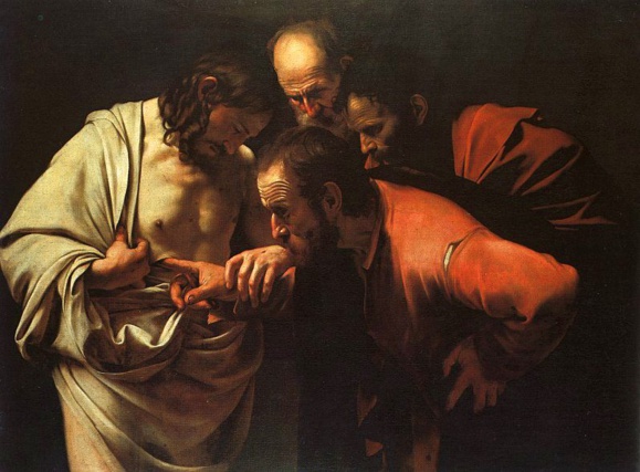 L'incrédulité de saint Thomas par le Caravage vers 1601-1602 Domaine public via Wikipedia Commons