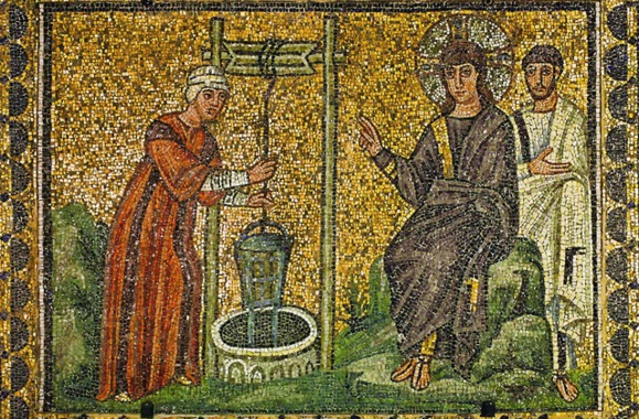Mosaïque grecque : Jésus et la Samaritaine (Domaine public)