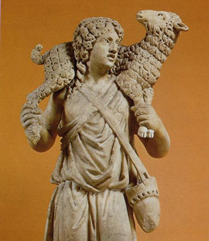 Détail de la statue du bon Pasteur - Statue du 3e siècle venant des Catacombes de Domitille, 39 pouces de haut, conservée au Musée Pio Cristiano du Vatican