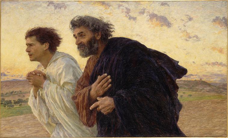 Pierre et l'autre disciple, Jean, courant au tombeau de Jésus le matin de Pâques (Jean 20, 3-4). Huile sur toile peinte en 1898 par Eugène Burnand, peintre réaliste suisse (1850-1921) qui est un contemporain de Monet et Van Gogh. On peut la voir au musée d’Orsay à Paris. Domaine public.