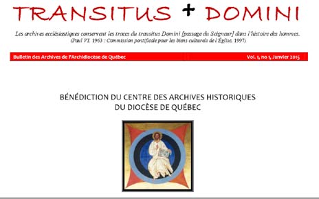 Page frontispice du premier numéro du bulletin TRANSITUS DOMINI des Archives de l'Archidiocèse de Québec