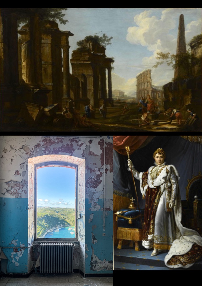 De haut en bas : Alexandre visitant la tombe d'Achille, par Giovanni Paolo Panini (1691- 1765), paysage bonifacien depuis la caserne Montlaur, lieu principal d’exposition de la Biennale d’art contemporain de Bonifacio, Napoléon Ier en Costume de Sacre, par Jacques-Louis David (1748-1825).