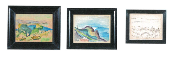 Dessin à l’encre et aquarelles représentant des paysages de la Corse par Emilie Charmy 1906-1910.