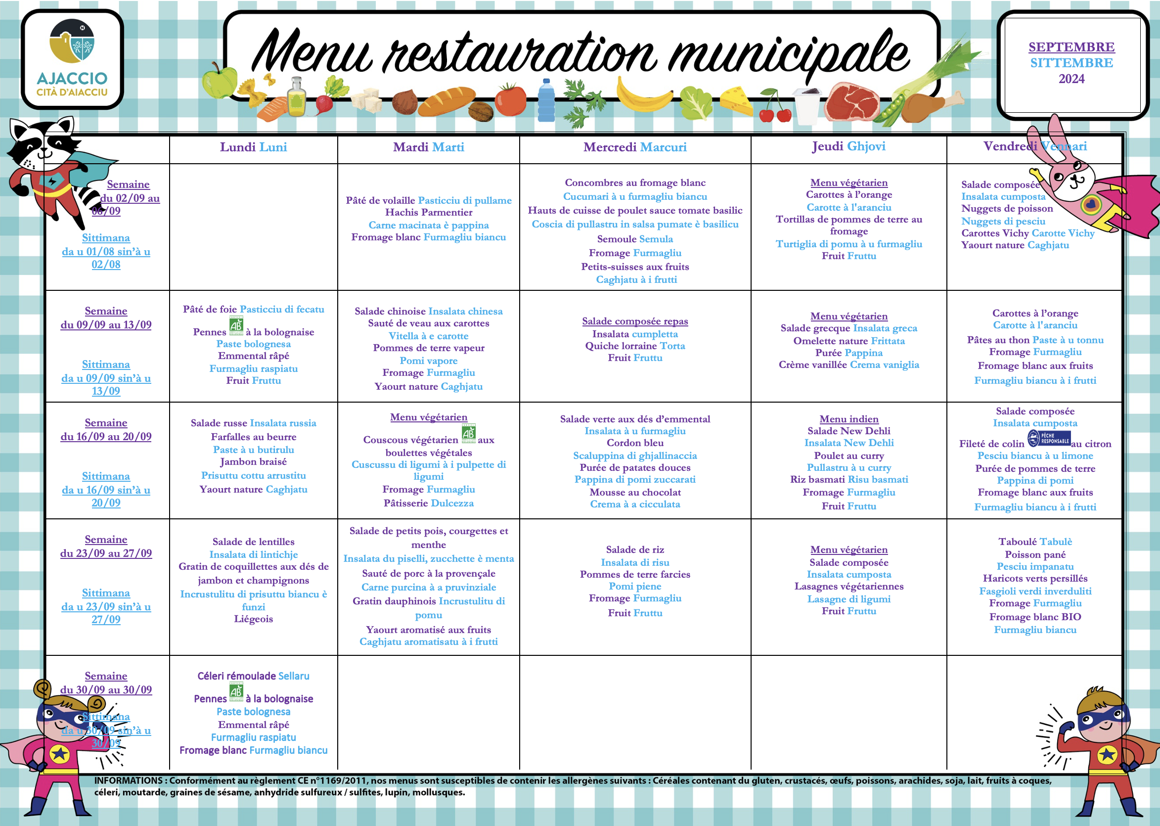 Menus des restaurants scolaires