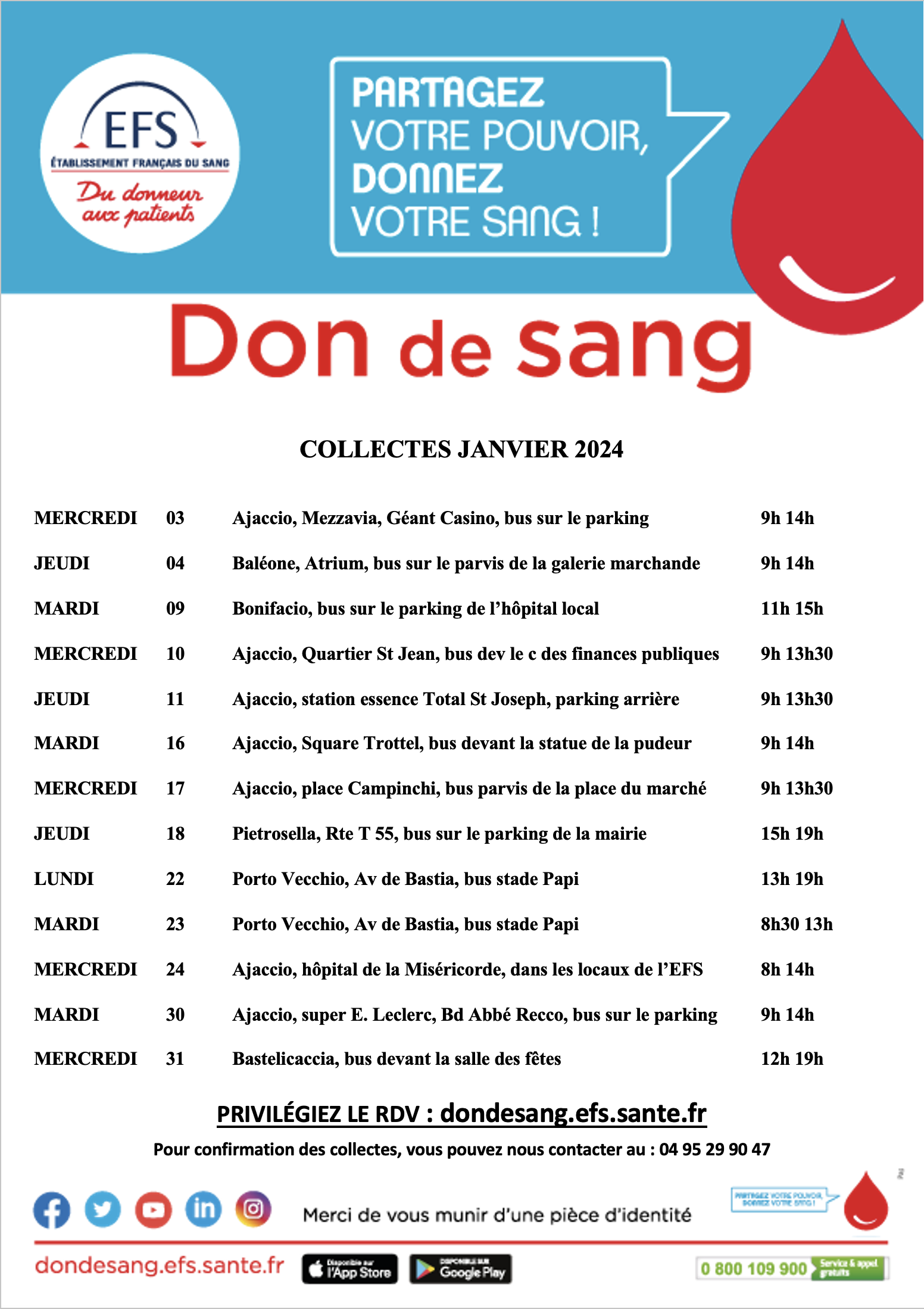 Planning des collectes de sang du mois de janvier 2024