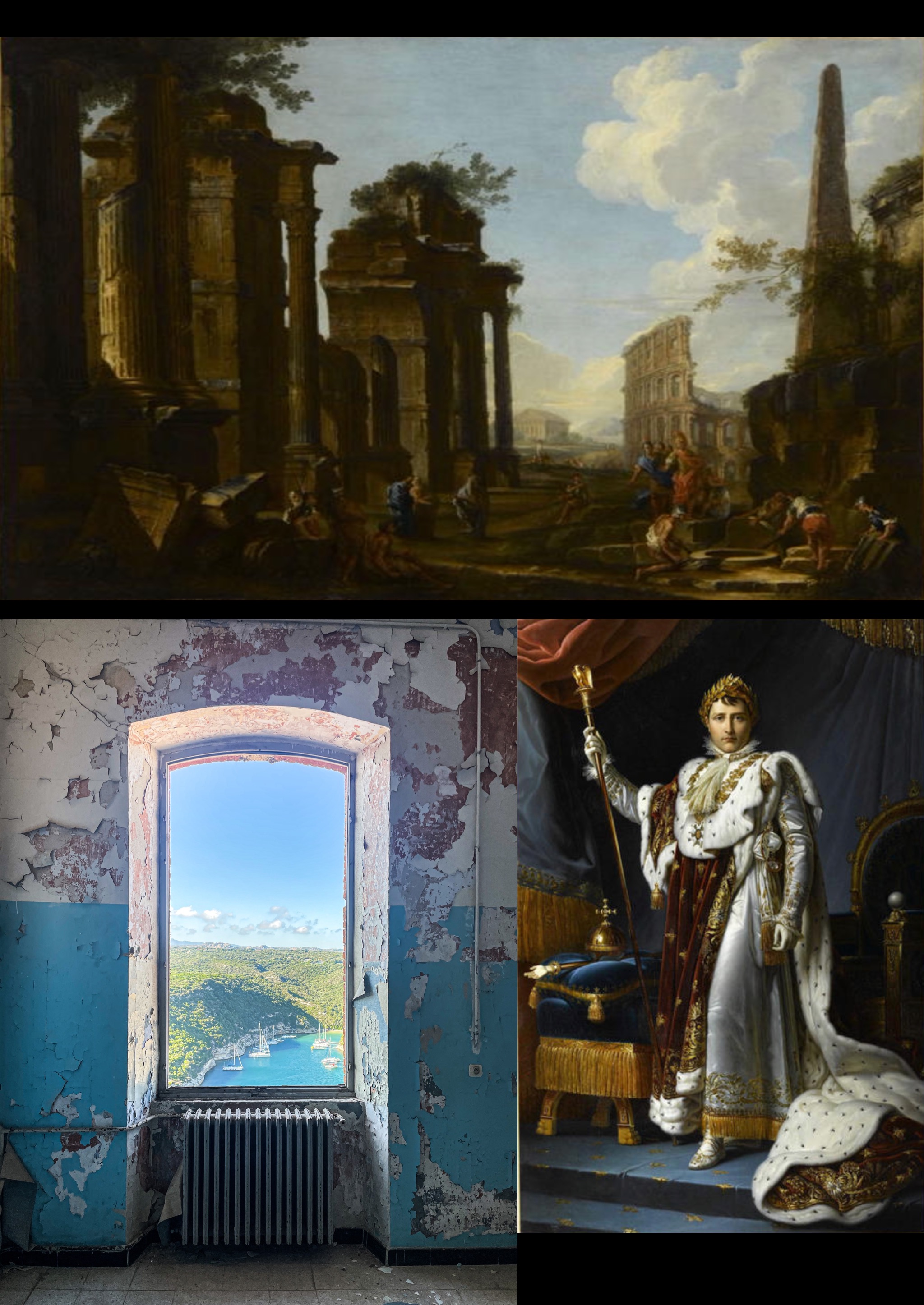 De haut en bas : Alexandre visitant la tombe d'Achille, par Giovanni Paolo Panini (1691- 1765), paysage bonifacien depuis la caserne Montlaur, lieu principal d’exposition de la Biennale d’art contemporain de Bonifacio, Napoléon Ier en Costume de Sacre, par Jacques-Louis David (1748-1825).
