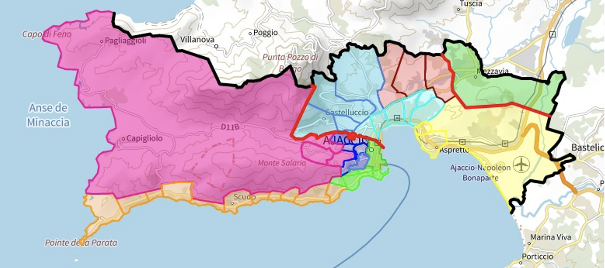 e découpage par secteur sur la commune pour l’adressage postal : De sainte Lucie à Pietralba en passant par les Cannes et les Salines, Mezzavia , la Rocade, la Route d’Alata, le Haut d’Ajaccio, Saint Antoine-Capo di Feno,  Saint Joseph - Aspretto et Vazzio.