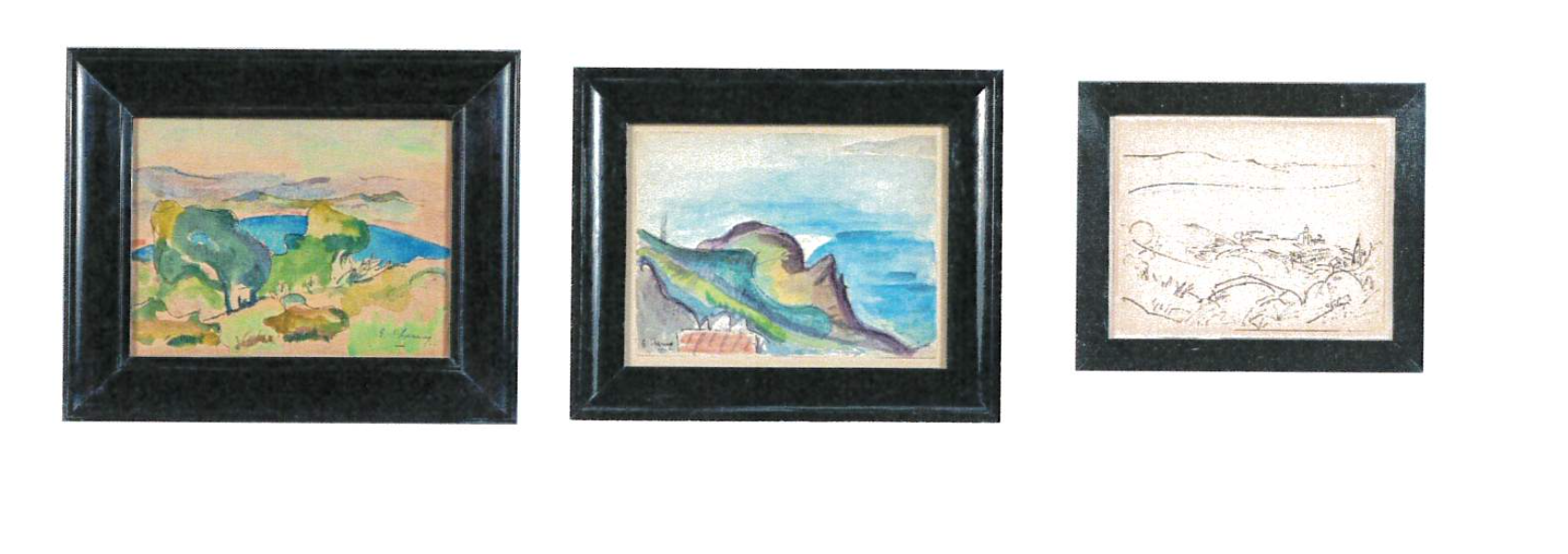 Dessin à l’encre et aquarelles représentant des paysages de la Corse par Emilie Charmy 1906-1910.