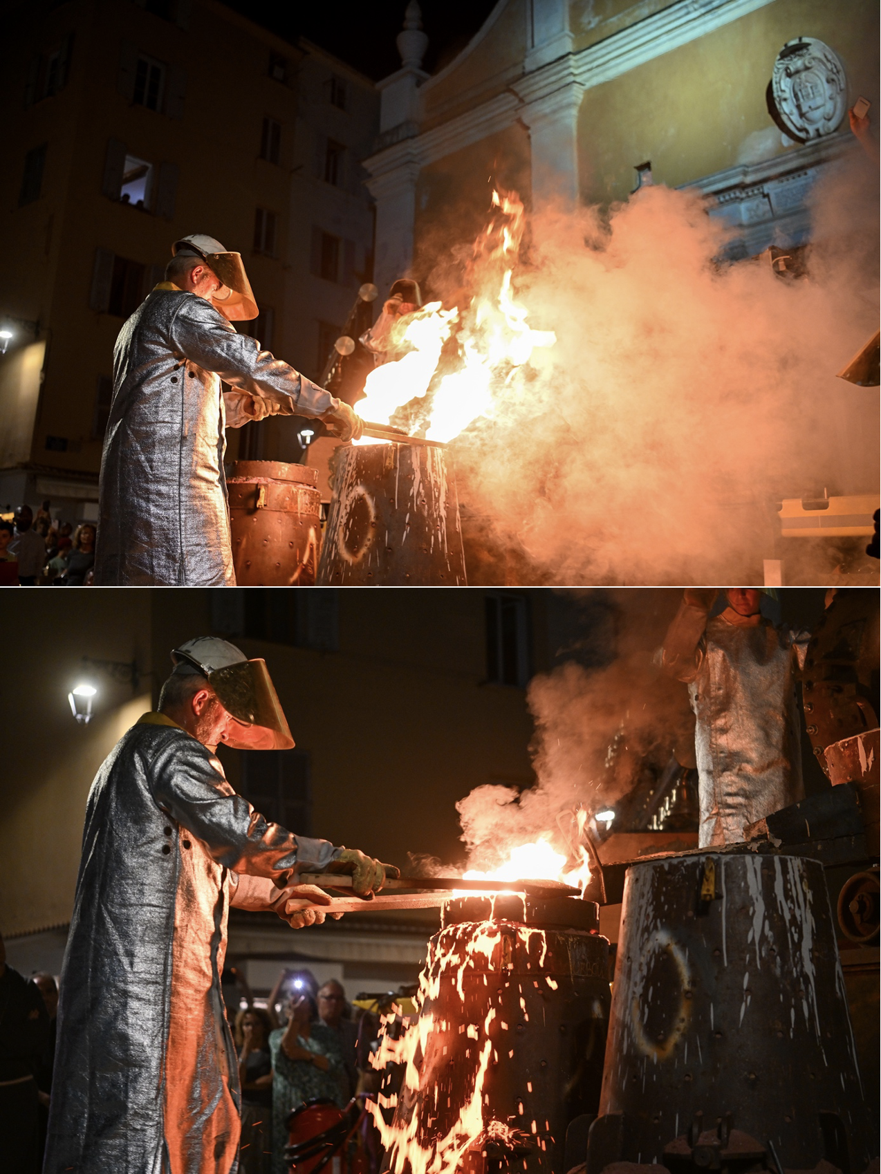 Transvasement et coulée du métal en fusion dans le moule de la future cloche.