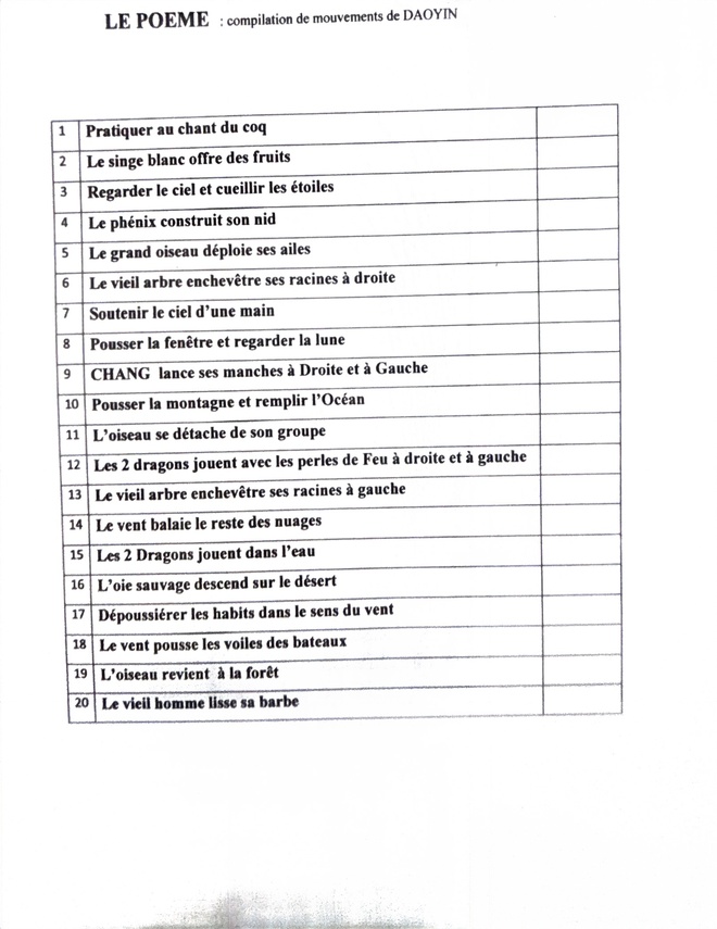 Vidéo du "Poème" avec les noms des mouvements énoncés