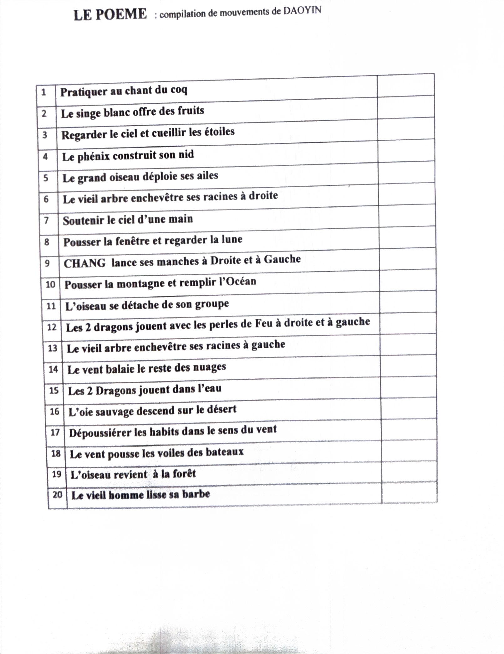 Vidéo du "Poème" avec les noms des mouvements énoncés