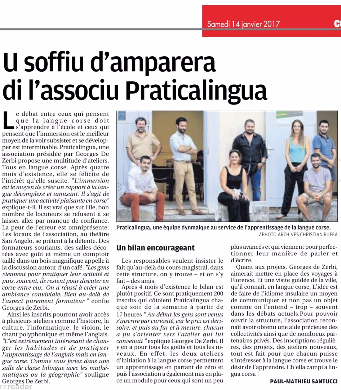 Articulu Corse-Matin di u 14 ghjennaghju 2017 - Bilanciu è perspettive