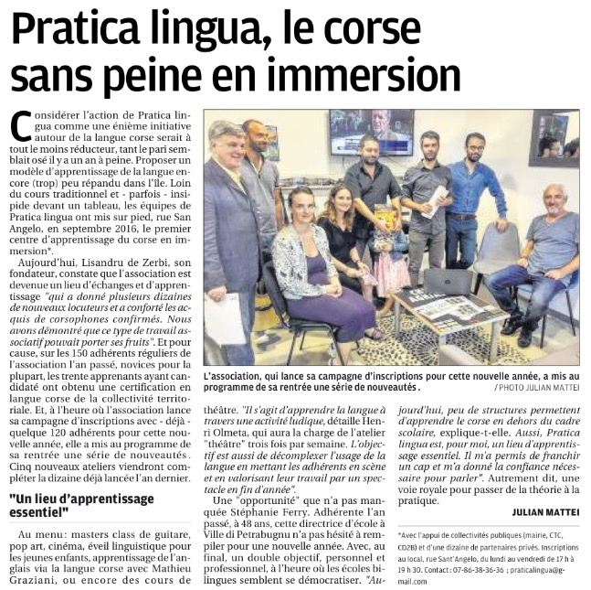 Rientrata 2017 - articulu di Julian Mattei in Corse-Matin