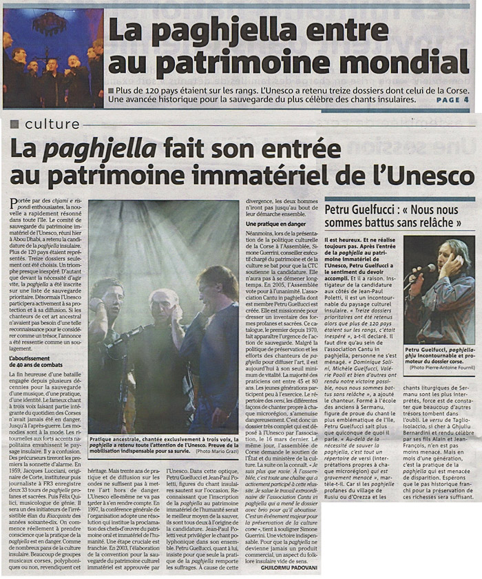 LINGUA - CULTURA - MUSICA : 2009, a paghjella à l'UNESCO