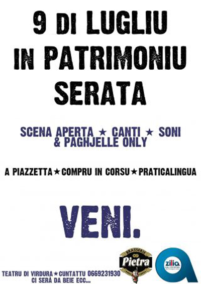 Serata A PIAZZETTA - COMPRUinCORSU - PRATICALINGUA u 9 di lugliu in Patrimoniu
