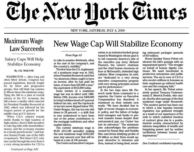 Un faux New-York Times, avec de vraies bonnes nouvelles...dont le salaire maximum