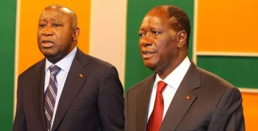 Laurent Gbago et Alassane Ouattara, lors du débat télévisé sur la RTI, le 25/10/2010 (Photo : DR)