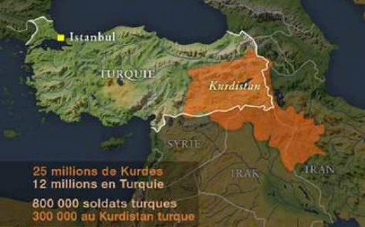 Carte géographiques du Kurdistan, à cheval entre la Turquie, la Syrie, l'Iraq et l'Iran. (PH/DR)
